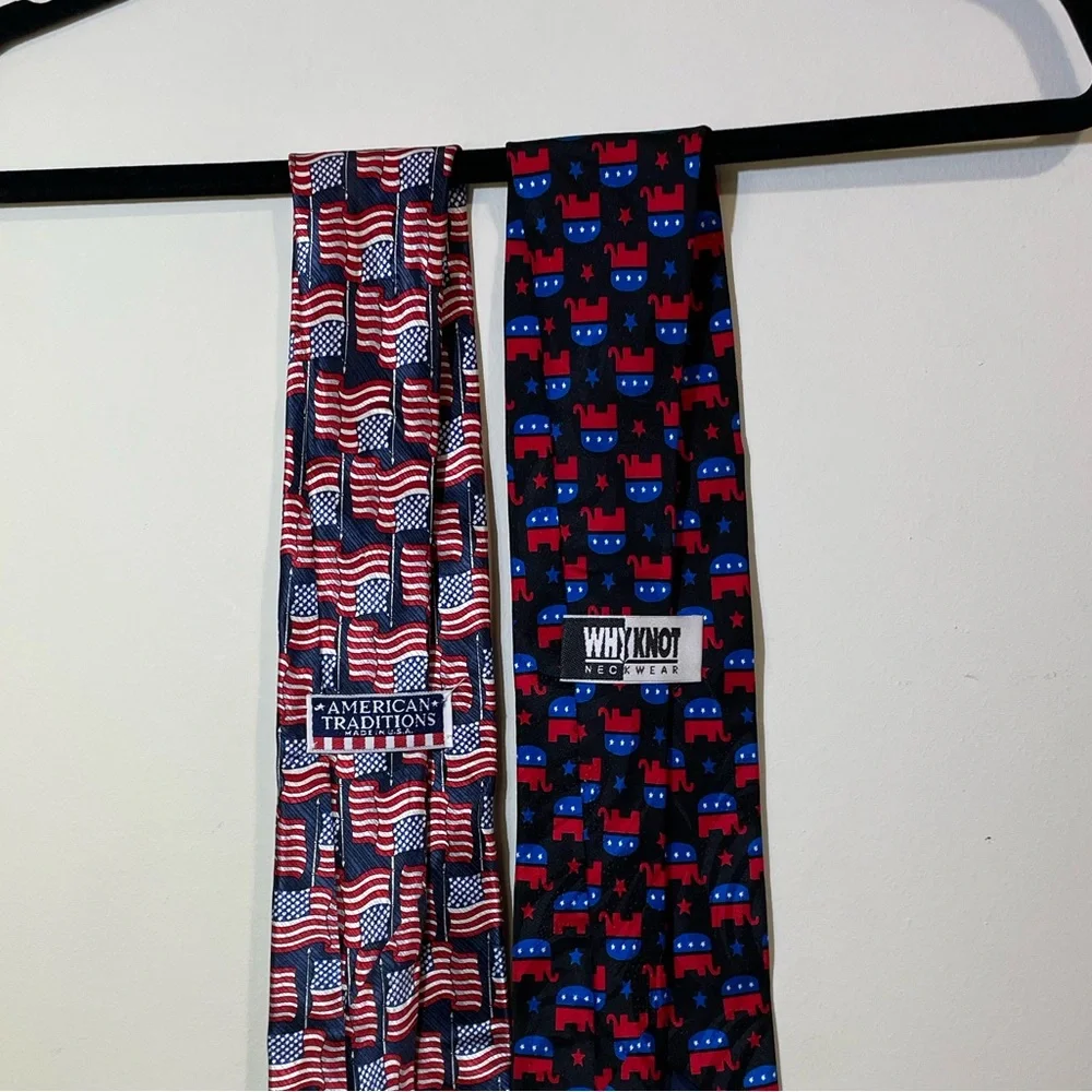 Mens USA Patriotic Necktie 1 USA Flag 1 USA Elephant Republican Party‎ Set of 2